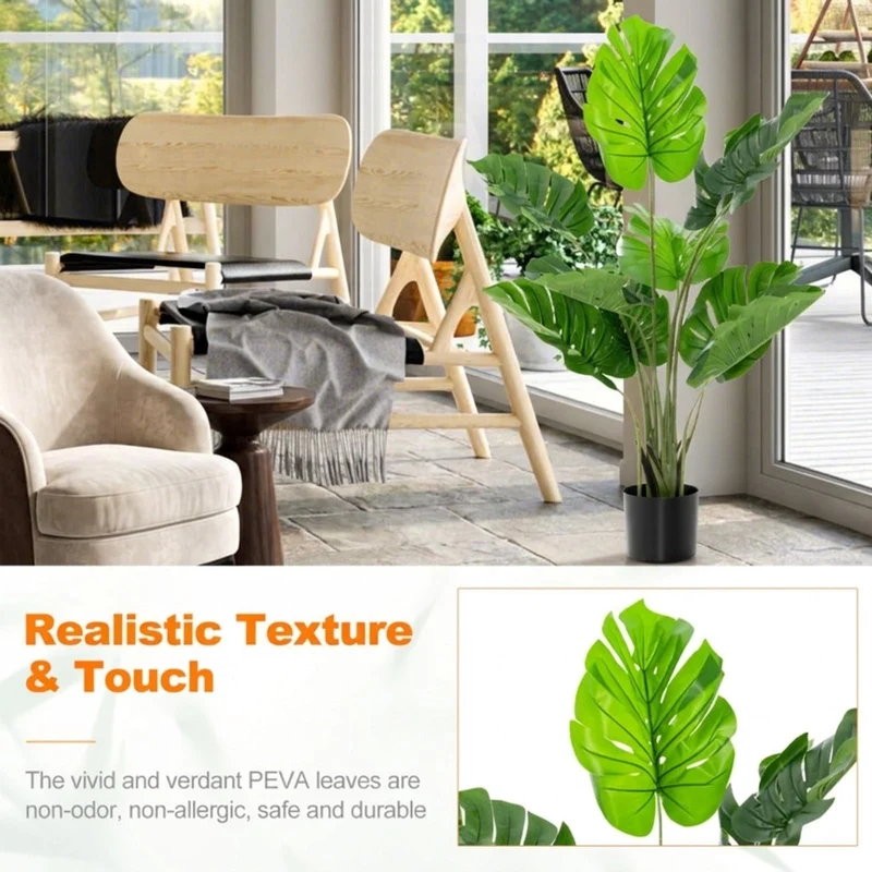 SUGIFT Artificial Monstera Deliciosa Tree Set of 2, Faux Tree with 10 Leaves Fake Tropical Plant with Pot for Indoor Living Room Decor, Green