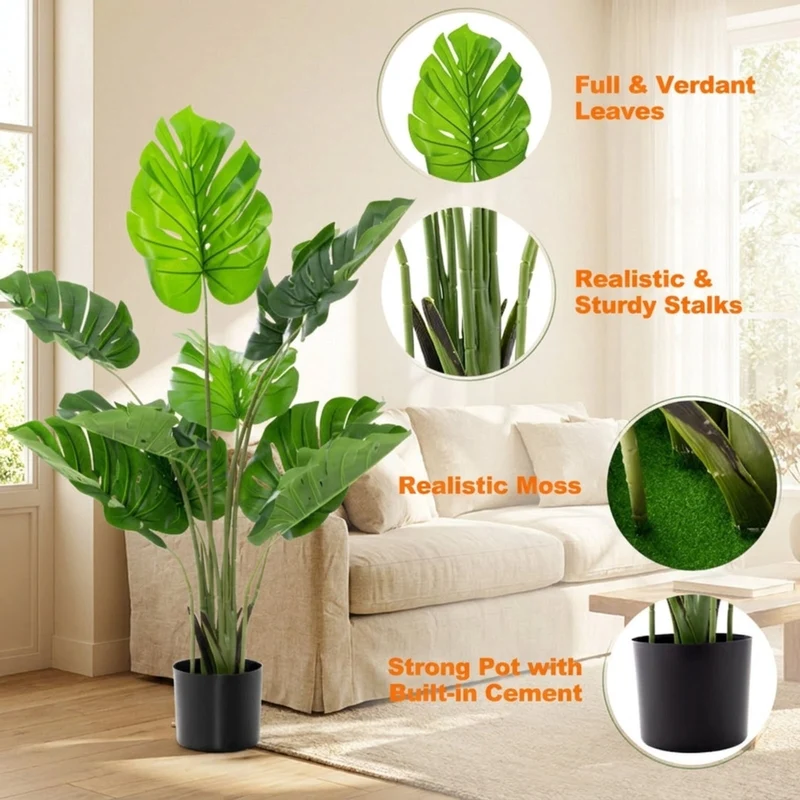 SUGIFT Artificial Monstera Deliciosa Tree Set of 2, Faux Tree with 10 Leaves Fake Tropical Plant with Pot for Indoor Living Room Decor, Green