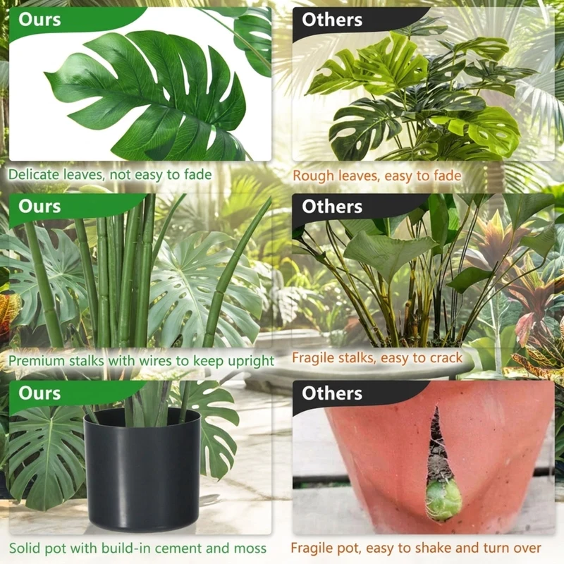 SUGIFT Artificial Monstera Deliciosa Tree Set of 2, Faux Tree with 10 Leaves Fake Tropical Plant with Pot for Indoor Living Room Decor, Green