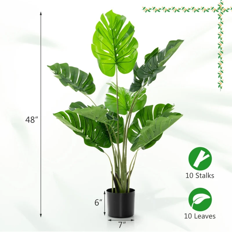 SUGIFT Artificial Monstera Deliciosa Tree Set of 2, Faux Tree with 10 Leaves Fake Tropical Plant with Pot for Indoor Living Room Decor, Green
