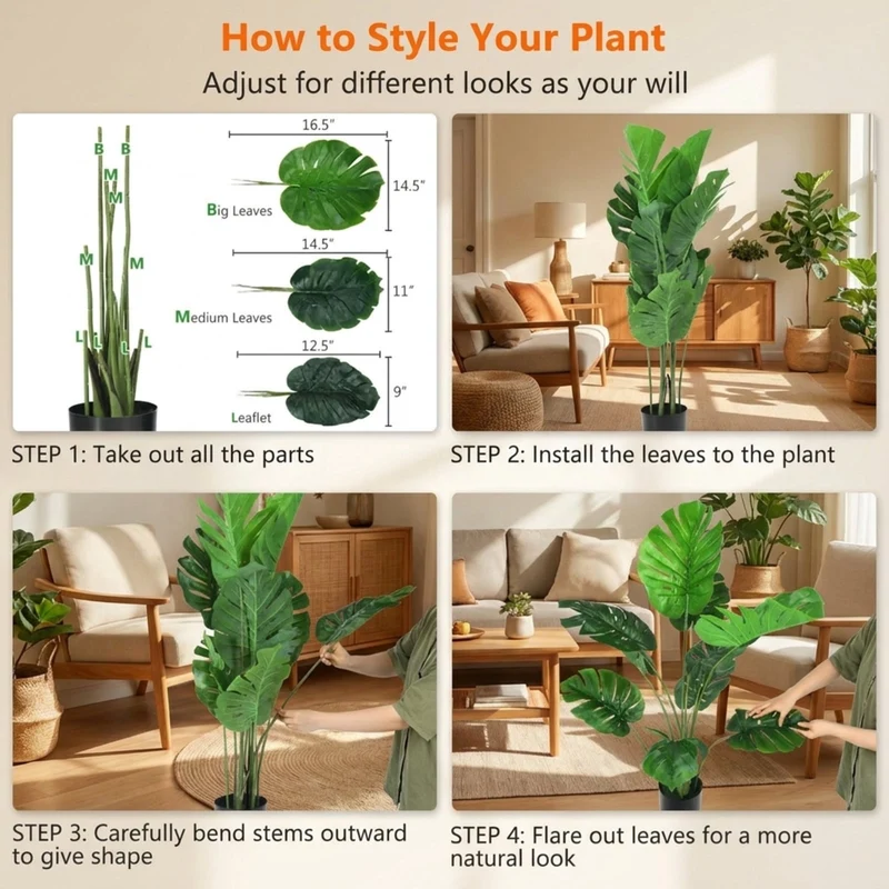 SUGIFT Artificial Monstera Deliciosa Tree Set of 2, Faux Tree with 10 Leaves Fake Tropical Plant with Pot for Indoor Living Room Decor, Green
