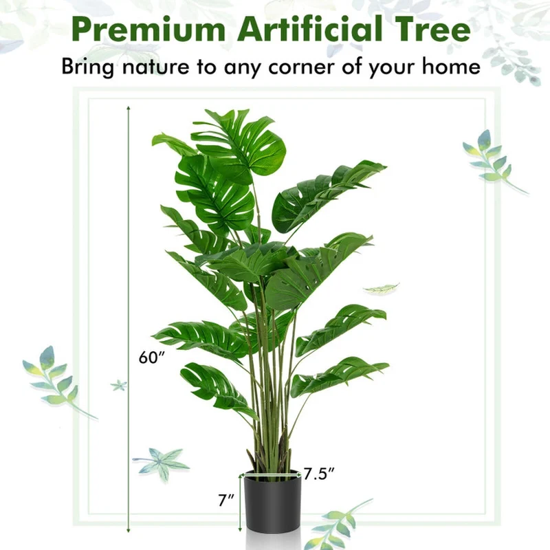 SUGIFT 2 Pieces 5 Feet Artificial Tree Monstera Set, Faux Tree Indoor with Pot for Living Room Office Corner Decor, Fake Tropical Plant, Green Black