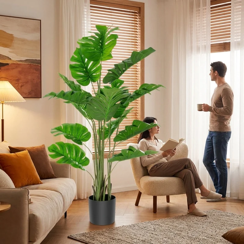 SUGIFT 2 Pieces 5 Feet Artificial Tree Monstera Set, Faux Tree Indoor with Pot for Living Room Office Corner Decor, Fake Tropical Plant, Green Black