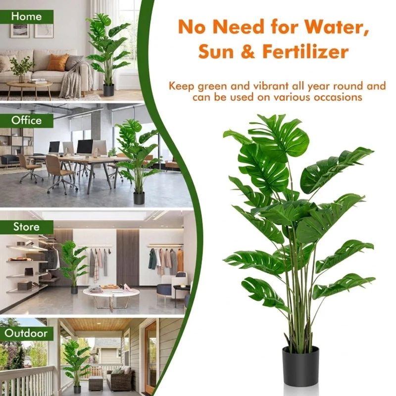SUGIFT 2 Pieces 5 Feet Artificial Tree Monstera Set, Faux Tree Indoor with Pot for Living Room Office Corner Decor, Fake Tropical Plant, Green Black