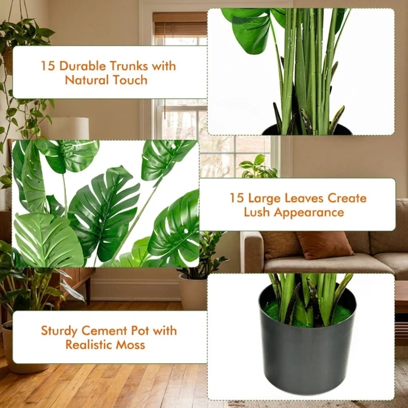 SUGIFT 2 Pieces 5 Feet Artificial Tree Monstera Set, Faux Tree Indoor with Pot for Living Room Office Corner Decor, Fake Tropical Plant, Green Black
