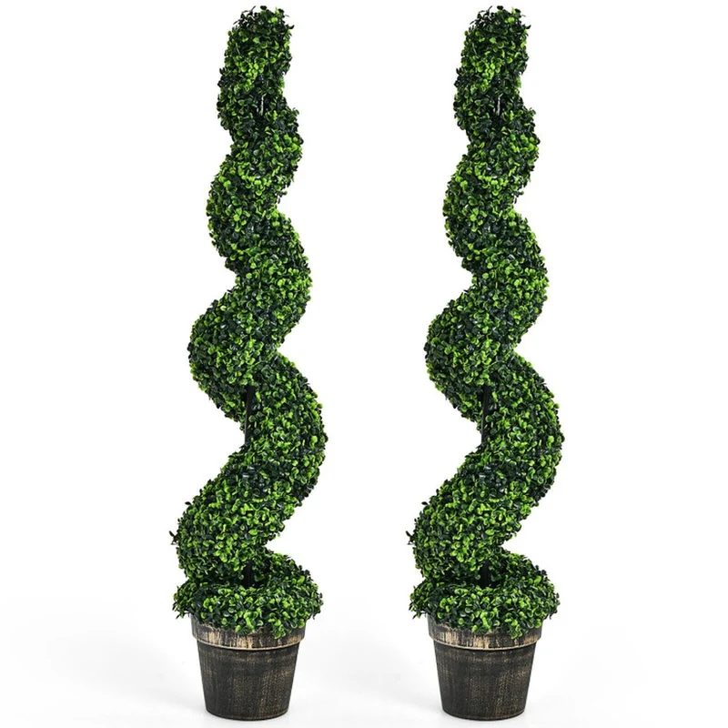 SUGIFT 2 Pack 4 FT Artificial Spiral Boxwood Topiary Trees, Faux Plant with Cement Pot and Green Leaves for Indoor Outdoor Porch Patio Decor, Green
