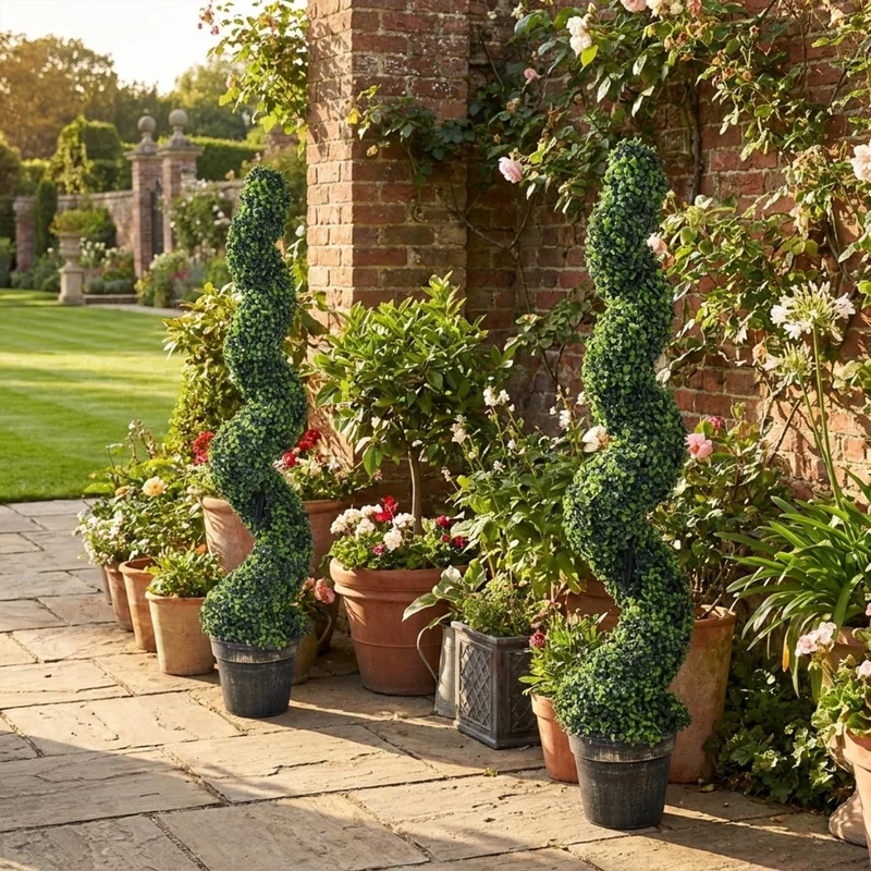SUGIFT 2 Pack 4 FT Artificial Spiral Boxwood Topiary Trees, Faux Plant with Cement Pot and Green Leaves for Indoor Outdoor Porch Patio Decor, Green