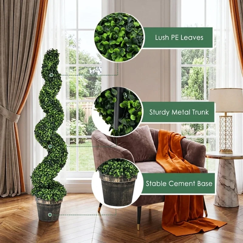 SUGIFT 2 Pack 4 FT Artificial Spiral Boxwood Topiary Trees, Faux Plant with Cement Pot and Green Leaves for Indoor Outdoor Porch Patio Decor, Green