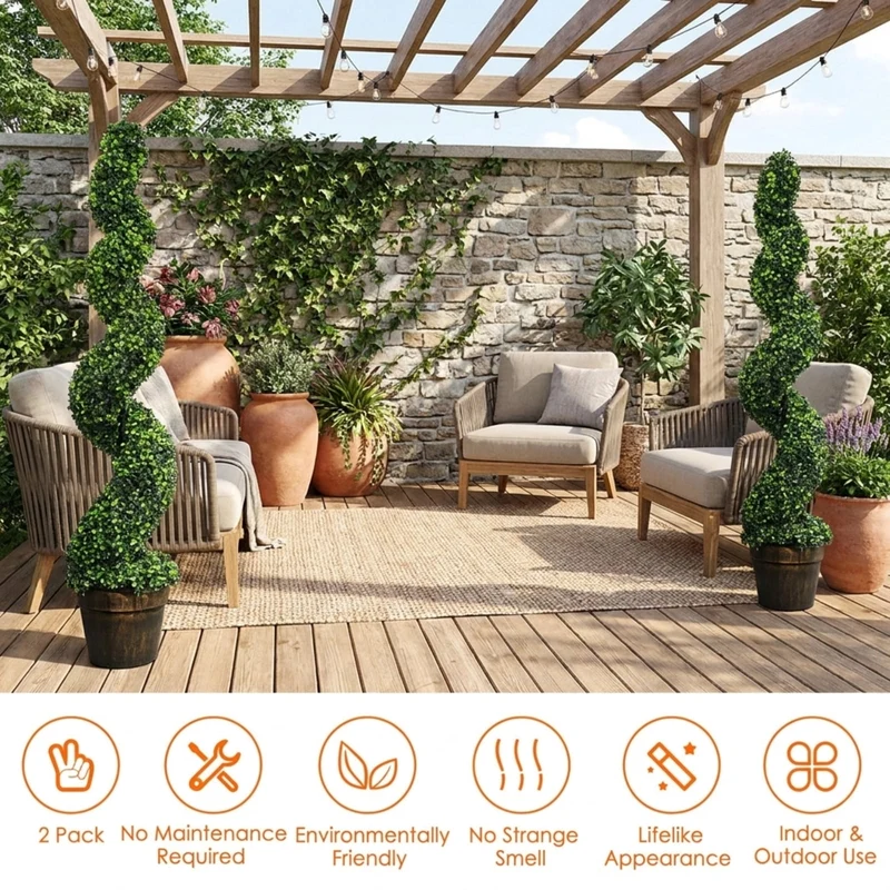 SUGIFT 2 Pack 4 FT Artificial Spiral Boxwood Topiary Trees, Faux Plant with Cement Pot and Green Leaves for Indoor Outdoor Porch Patio Decor, Green