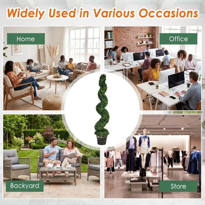 SUGIFT 2 Pack 4 FT Artificial Spiral Boxwood Topiary Trees, Faux Plant with Cement Pot and Green Leaves for Indoor Outdoor Porch Patio Decor, Green