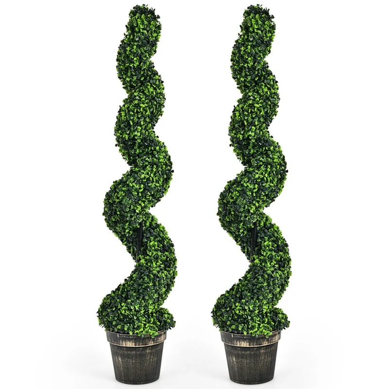 SUGIFT 2 Pack 4 FT Artificial Spiral Boxwood Topiary Trees, Faux Plant with Cement Pot and Green Leaves for Indoor Outdoor Porch Patio Decor, Green