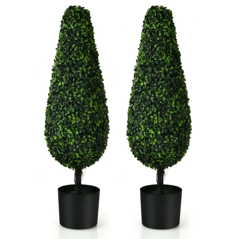 SUGIFT 2 Pack 3 Feet Artificial Tower Topiary Tree, UV Resistant Faux Boxwood Tree in Cement Pot for Indoor Outdoor Porch Patio Decor, Green,