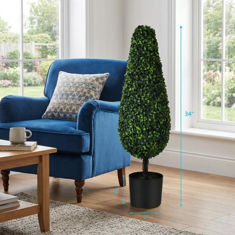 SUGIFT 2 Pack 3 Feet Artificial Tower Topiary Tree, UV Resistant Faux Boxwood Tree in Cement Pot for Indoor Outdoor Porch Patio Decor, Green,