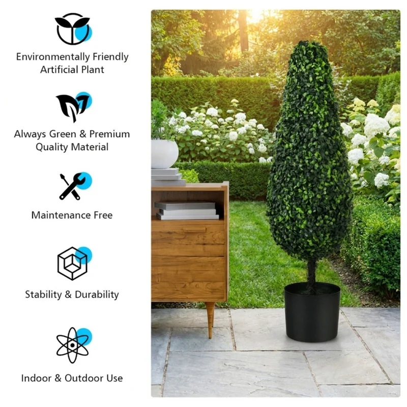 SUGIFT 2 Pack 3 Feet Artificial Tower Topiary Tree, UV Resistant Faux Boxwood Tree in Cement Pot for Indoor Outdoor Porch Patio Decor, Green,