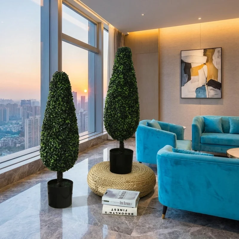 SUGIFT 2 Pack 3 Feet Artificial Tower Topiary Tree, UV Resistant Faux Boxwood Tree in Cement Pot for Indoor Outdoor Porch Patio Decor, Green,