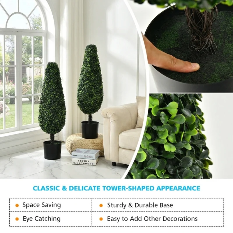 SUGIFT 2 Pack 3 Feet Artificial Tower Topiary Tree, UV Resistant Faux Boxwood Tree in Cement Pot for Indoor Outdoor Porch Patio Decor, Green,