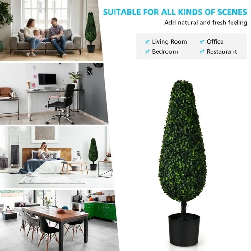 SUGIFT 2 Pack 3 Feet Artificial Tower Topiary Tree, UV Resistant Faux Boxwood Tree in Cement Pot for Indoor Outdoor Porch Patio Decor, Green,