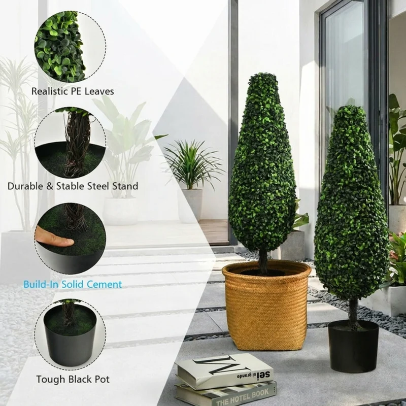 SUGIFT 2 Pack 3 Feet Artificial Tower Topiary Tree, UV Resistant Faux Boxwood Tree in Cement Pot for Indoor Outdoor Porch Patio Decor, Green,