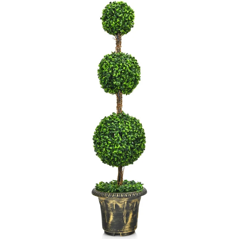 SUGIFT 4 Feet Artificial Tree Triple Ball Topiary, Faux Tree Indoor Outdoor with Pot for Front Porch Patio Entryway Decor, Fake Tree, Green
