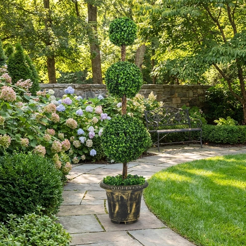 SUGIFT 4 Feet Artificial Tree Triple Ball Topiary, Faux Tree Indoor Outdoor with Pot for Front Porch Patio Entryway Decor, Fake Tree, Green