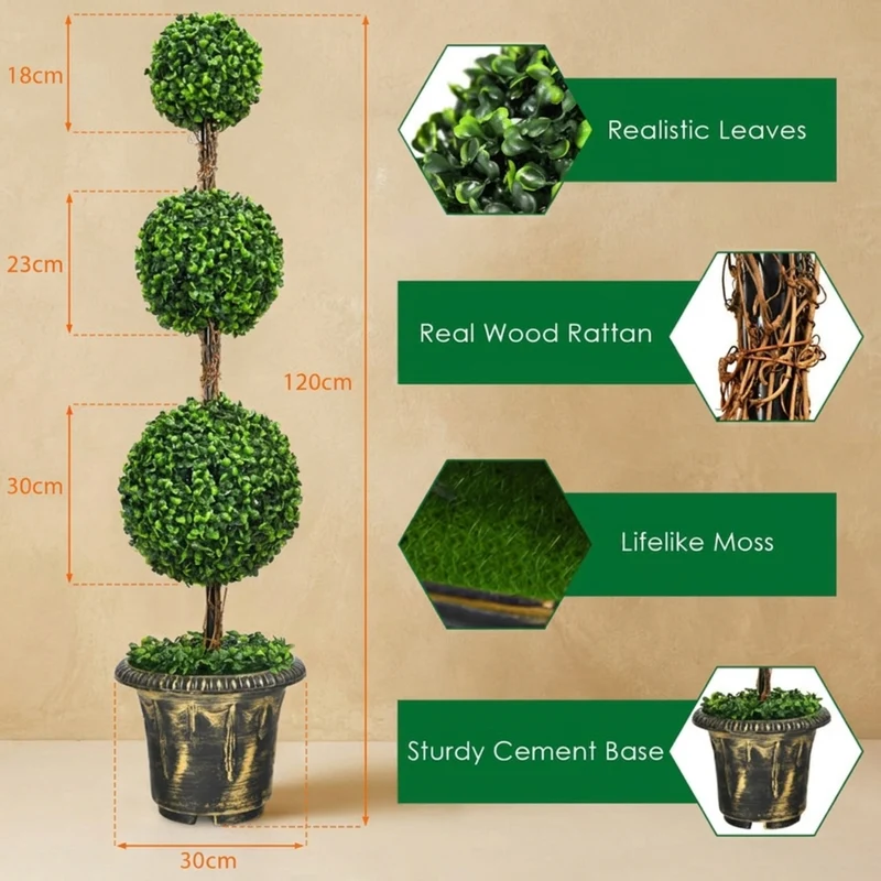 SUGIFT 4 Feet Artificial Tree Triple Ball Topiary, Faux Tree Indoor Outdoor with Pot for Front Porch Patio Entryway Decor, Fake Tree, Green