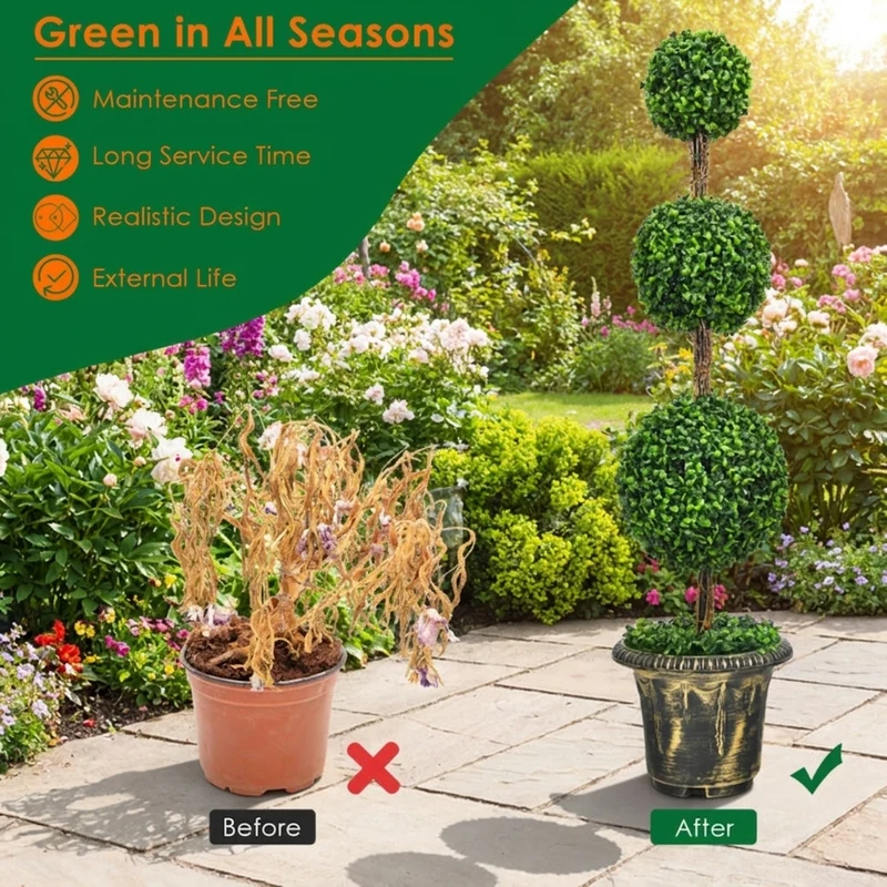 SUGIFT 4 Feet Artificial Tree Triple Ball Topiary, Faux Tree Indoor Outdoor with Pot for Front Porch Patio Entryway Decor, Fake Tree, Green