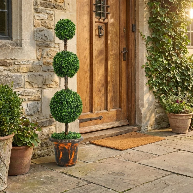 SUGIFT 4 Feet Artificial Tree Triple Ball Topiary, Faux Tree Indoor Outdoor with Pot for Front Porch Patio Entryway Decor, Fake Tree, Green