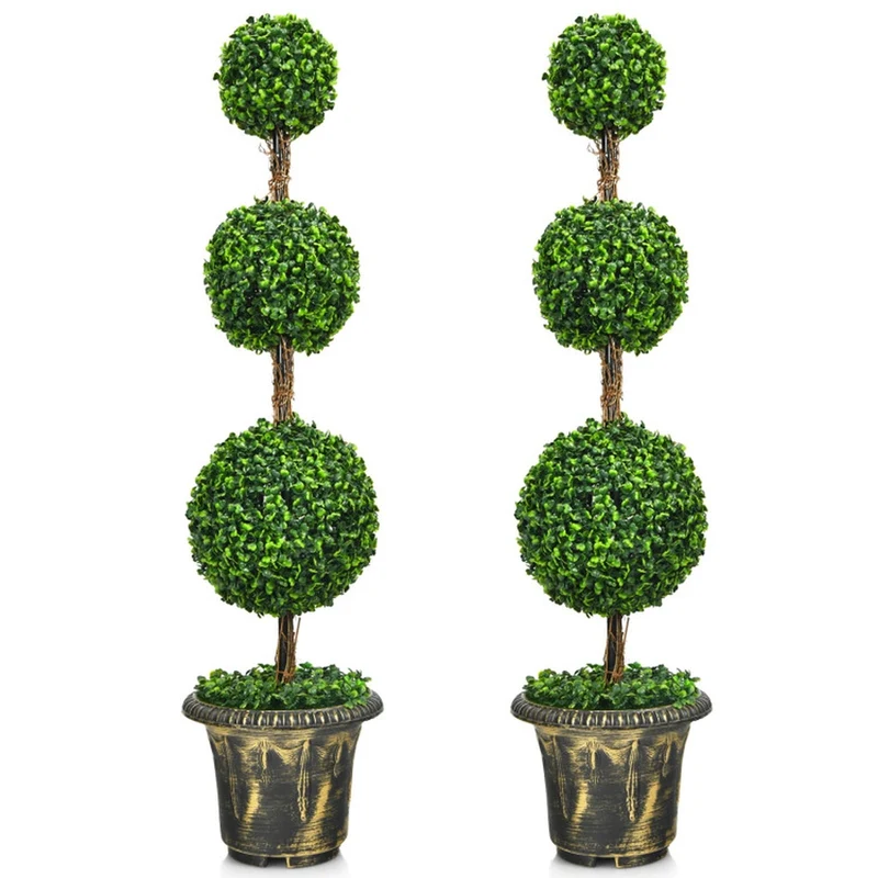 SUGIFT 4 Feet Artificial Tree Triple Ball Topiary, Faux Tree Indoor Outdoor with Pot for Front Porch Patio Entryway Decor, Fake Tree, Green