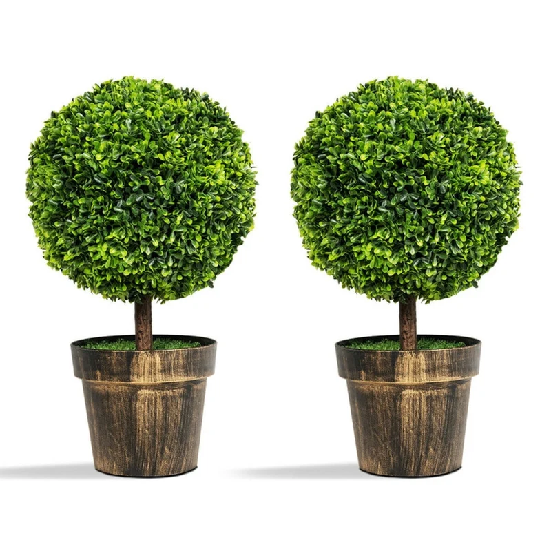 SUGIFT Set of 2 Artificial Boxwood Topiary Ball Trees, 24 Inch Faux Tree with Green Foliage and Pot for Indoor Office Porch Entryway Decor, Green