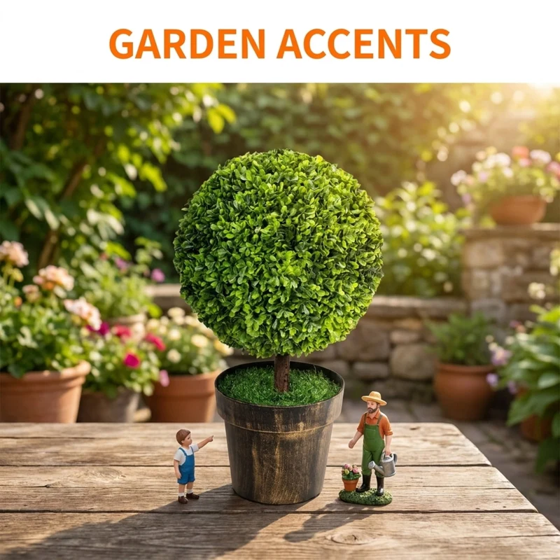 SUGIFT Set of 2 Artificial Boxwood Topiary Ball Trees, 24 Inch Faux Tree with Green Foliage and Pot for Indoor Office Porch Entryway Decor, Green