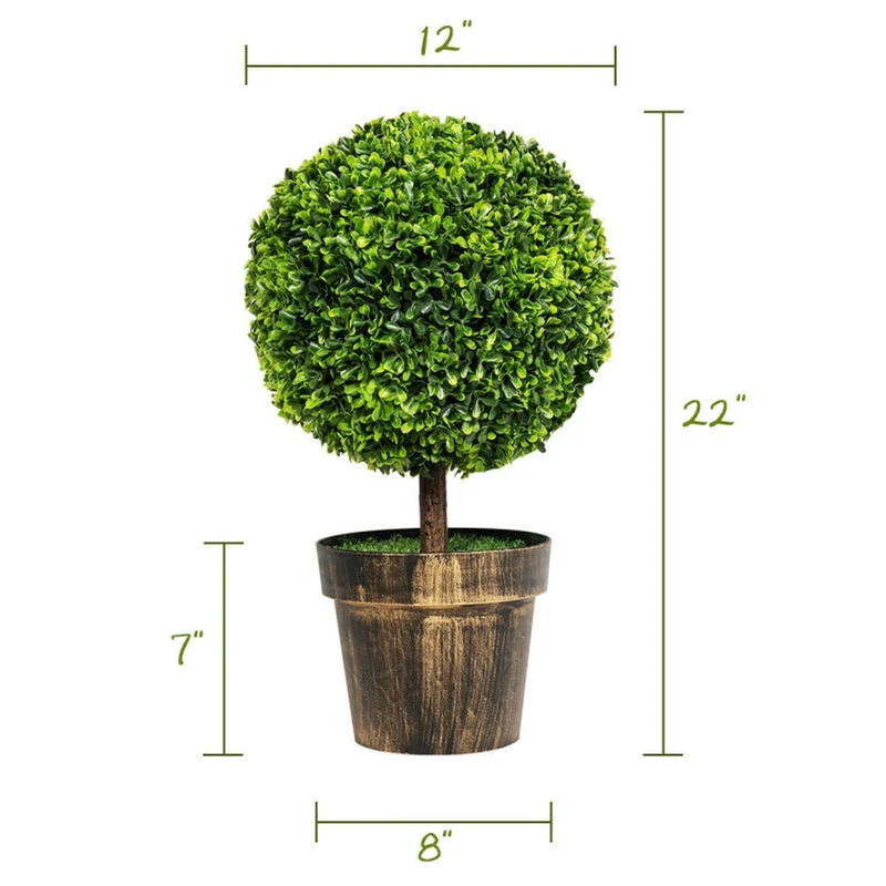 SUGIFT Set of 2 Artificial Boxwood Topiary Ball Trees, 24 Inch Faux Tree with Green Foliage and Pot for Indoor Office Porch Entryway Decor, Green