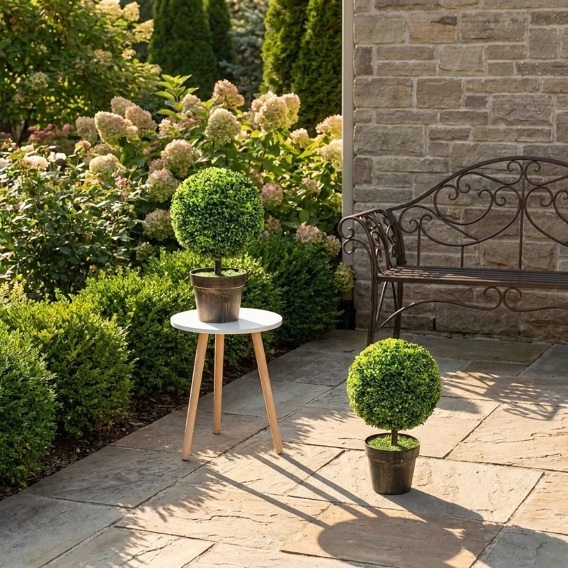 SUGIFT Set of 2 Artificial Boxwood Topiary Ball Trees, 24 Inch Faux Tree with Green Foliage and Pot for Indoor Office Porch Entryway Decor, Green