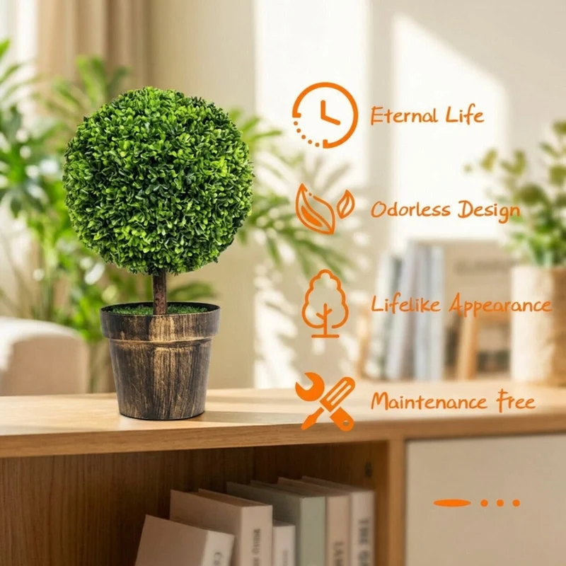 SUGIFT Set of 2 Artificial Boxwood Topiary Ball Trees, 24 Inch Faux Tree with Green Foliage and Pot for Indoor Office Porch Entryway Decor, Green