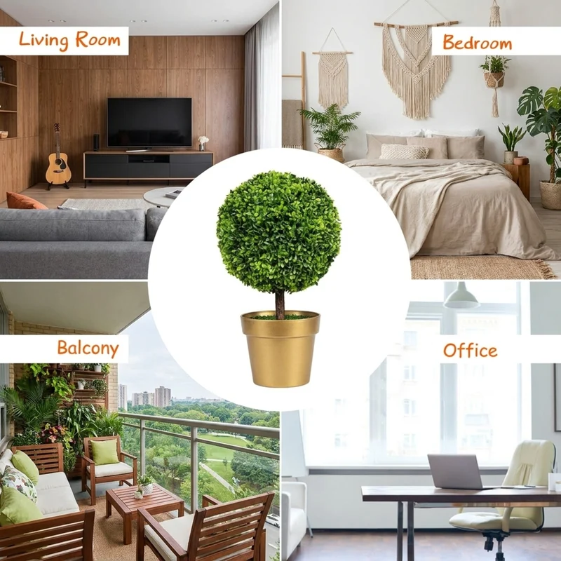 SUGIFT Set of 2 Artificial Boxwood Topiary Ball Trees, 24 Inch Faux Tree with Green Foliage and Pot for Indoor Office Porch Entryway Decor, Green