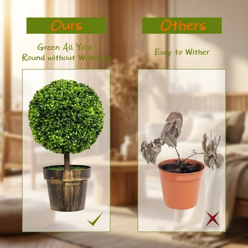SUGIFT Set of 2 Artificial Boxwood Topiary Ball Trees, 24 Inch Faux Tree with Green Foliage and Pot for Indoor Office Porch Entryway Decor, Green
