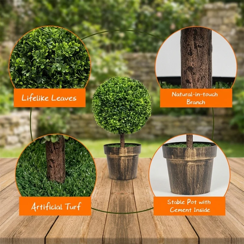 SUGIFT Set of 2 Artificial Boxwood Topiary Ball Trees, 24 Inch Faux Tree with Green Foliage and Pot for Indoor Office Porch Entryway Decor, Green