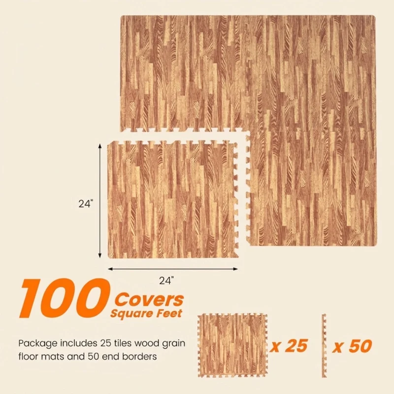 SUGIFT 25 Tiles Wood Grain Foam Floor Mats with Borders, Interlocking EVA Foam Flooring Tiles for Home Gym Playroom Garage, 100 Sq Ft, Brown,