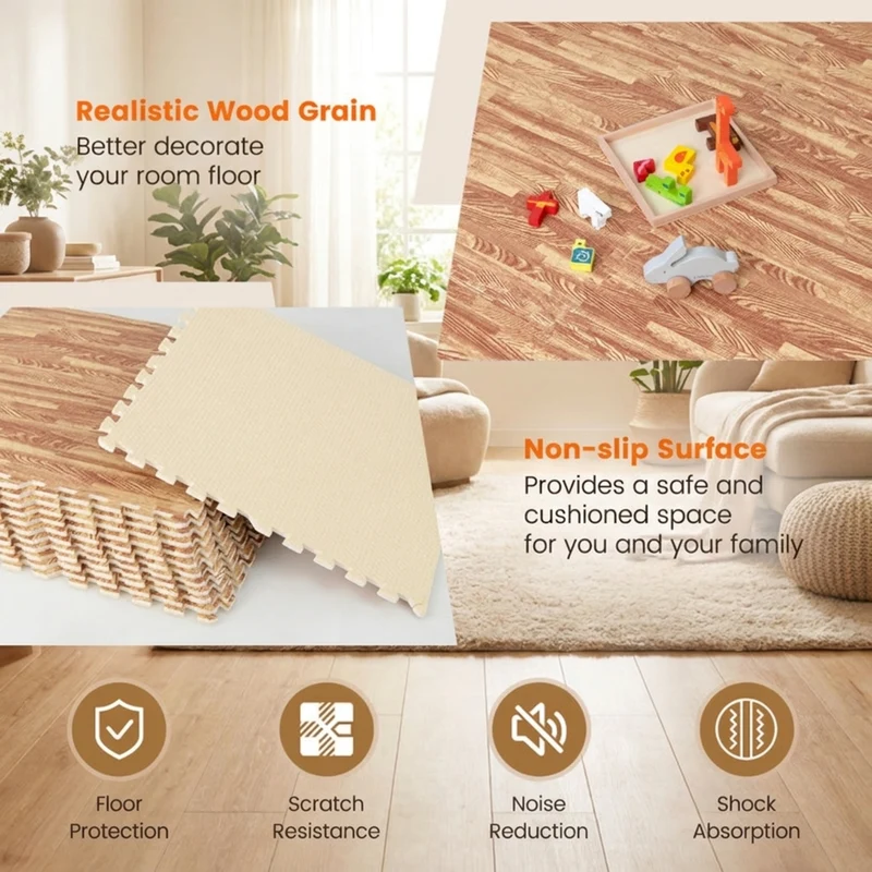 SUGIFT 25 Tiles Wood Grain Foam Floor Mats with Borders, Interlocking EVA Foam Flooring Tiles for Home Gym Playroom Garage, 100 Sq Ft, Brown,