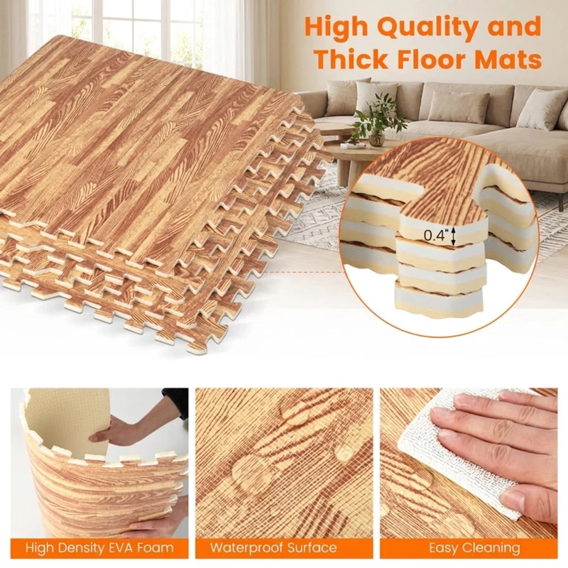 SUGIFT 25 Tiles Wood Grain Foam Floor Mats with Borders, Interlocking EVA Foam Flooring Tiles for Home Gym Playroom Garage, 100 Sq Ft, Brown,