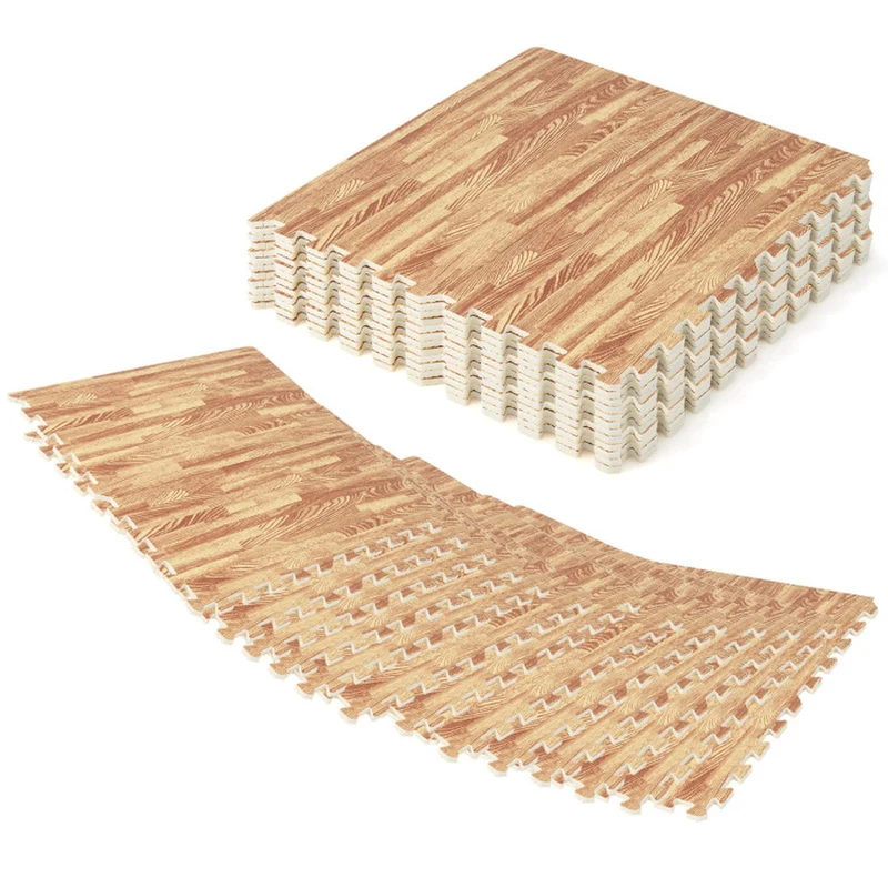 SUGIFT 25 Tiles Wood Grain Foam Floor Mats with Borders, Interlocking EVA Foam Flooring Tiles for Home Gym Playroom Garage, 100 Sq Ft, Brown,