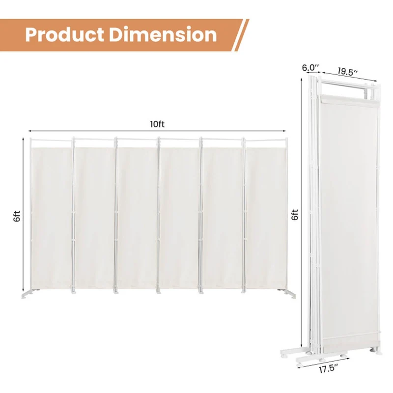 SUGIFT 6 Panel Room Divider Folding Privacy Screen, 72 Inch Freestanding Portable Room Divider with Fabric Panels for Bedroom Office, White