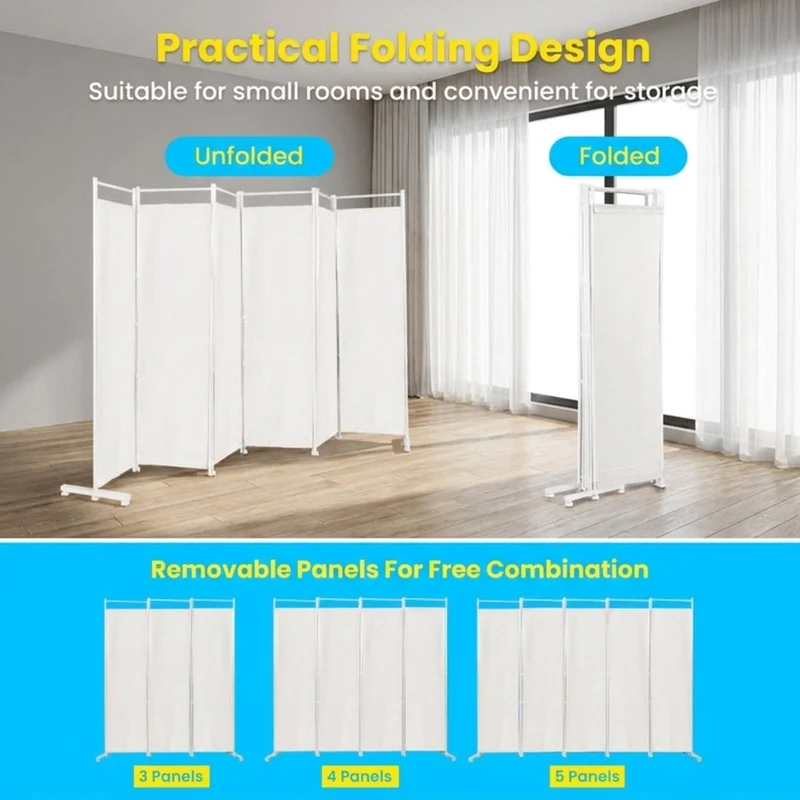 SUGIFT 6 Panel Room Divider Folding Privacy Screen, 72 Inch Freestanding Portable Room Divider with Fabric Panels for Bedroom Office, White