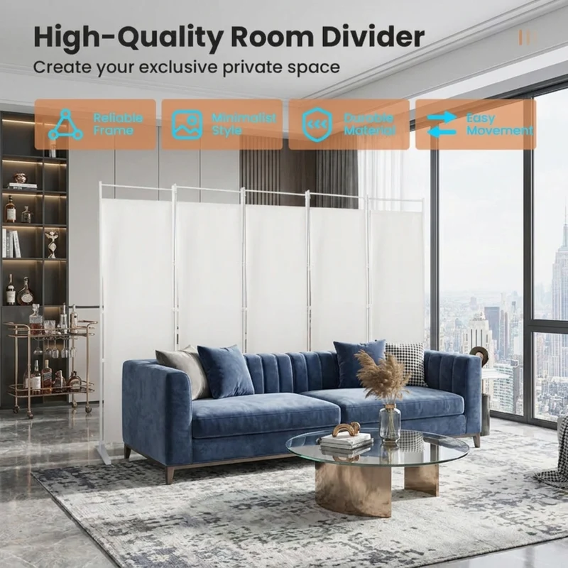 SUGIFT 6 Panel Room Divider Folding Privacy Screen, 72 Inch Freestanding Portable Room Divider with Fabric Panels for Bedroom Office, White