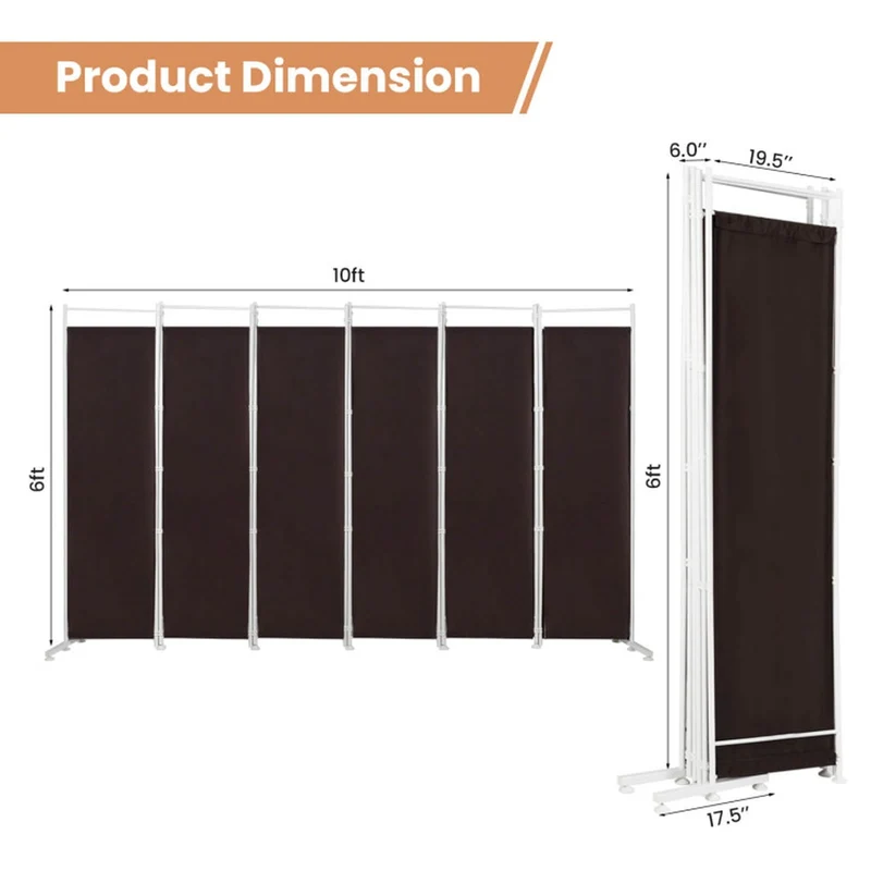 SUGIFT 6 Panel Room Divider Folding Privacy Screen, 72 Inch Freestanding Portable Room Divider with Fabric Panels for Bedroom Office, Brown