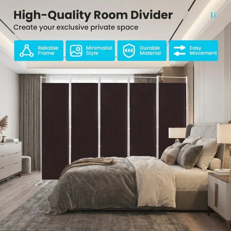 SUGIFT 6 Panel Room Divider Folding Privacy Screen, 72 Inch Freestanding Portable Room Divider with Fabric Panels for Bedroom Office, Brown