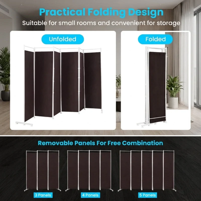 SUGIFT 6 Panel Room Divider Folding Privacy Screen, 72 Inch Freestanding Portable Room Divider with Fabric Panels for Bedroom Office, Brown