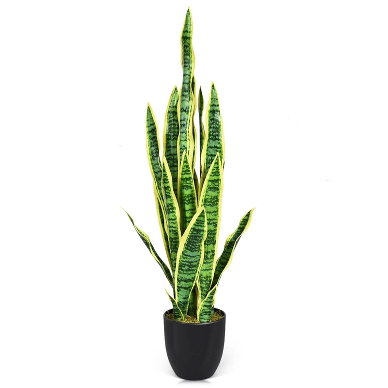 SUGIFT 35.5 Inch Artificial Snake Plant, Faux Sansevieria Greenery in Cement Pot, Fake Plant for Indoor Outdoor Home Office Decor, Green + Yellow,