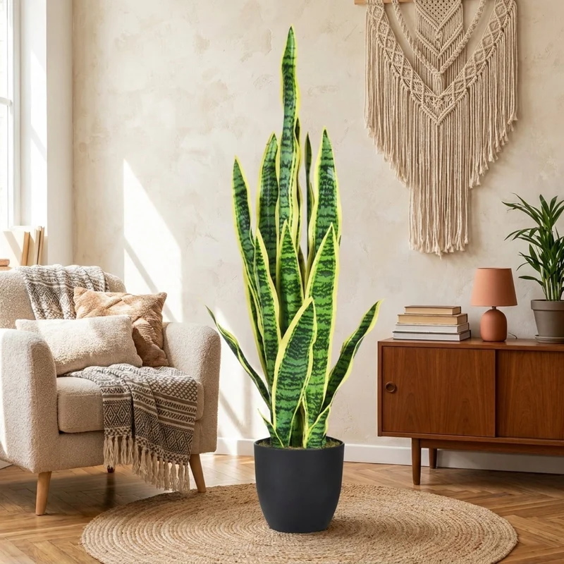 SUGIFT 35.5 Inch Artificial Snake Plant, Faux Sansevieria Greenery in Cement Pot, Fake Plant for Indoor Outdoor Home Office Decor, Green + Yellow,