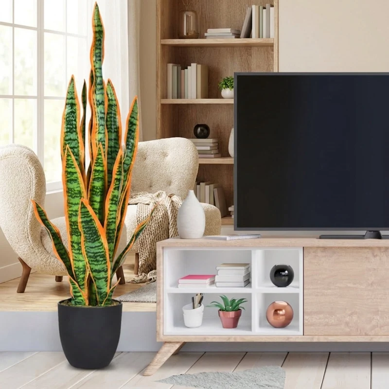 SUGIFT 35.5 Inch Artificial Snake Plant, Faux Sansevieria Greenery in Cement Pot, Fake Plant for Indoor Outdoor Home Office Decor, Green + Yellow,