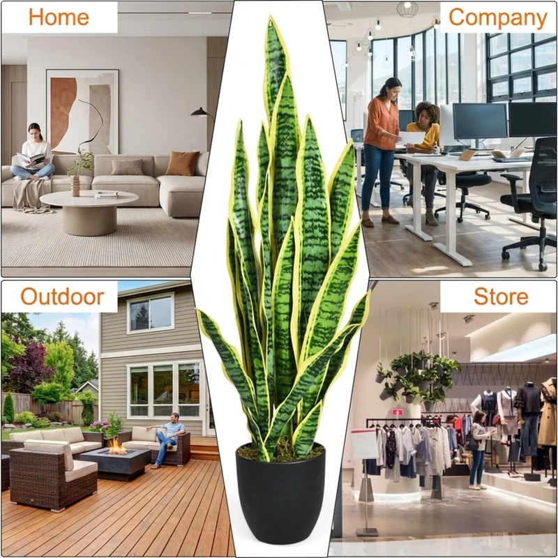 SUGIFT 35.5 Inch Artificial Snake Plant, Faux Sansevieria Greenery in Cement Pot, Fake Plant for Indoor Outdoor Home Office Decor, Green + Yellow,